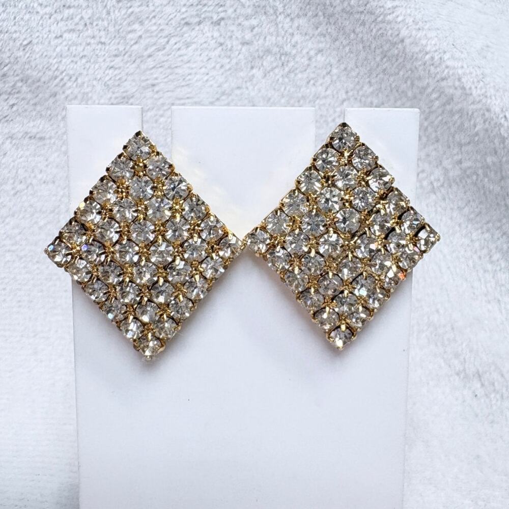 Mid‑Century Rhinestone Earrings • Hand‑Soldered Prong‑Set Brass Chaton Tiles